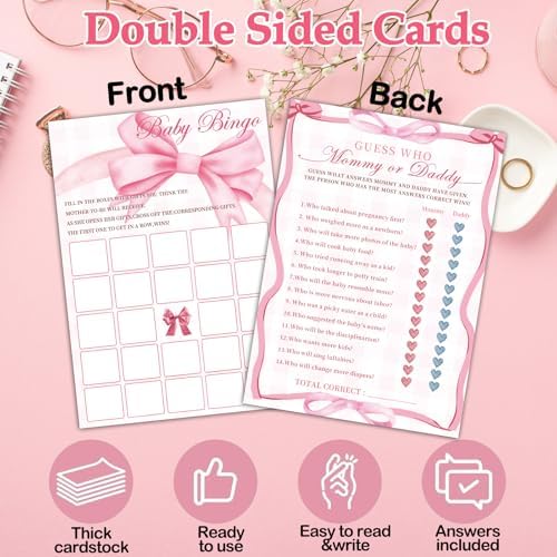 Pink Bow Baby Shower Games for Girl, 4 Games for 25 Guests, Guess Who Mommy or Daddy, Word Scramble for Baby Shower Decorations - Image 3