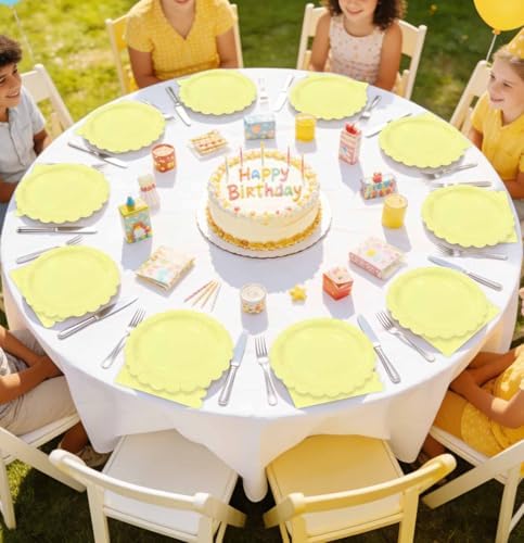 HEIPINIUYE 50 Pcs Yellow Paper Plates and Napkins Party Supplies Include 7'' Yellow Scalloped Plates and 6.5'' Paper Napkins Disposable Tableware Set for Dinner Wedding Birthday Party (Serves 25) - Image 5