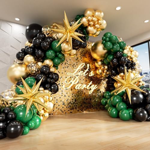 Green and Gold Black Balloon Arch Kit with 3pcs Star Balloons by FOTIOMRG