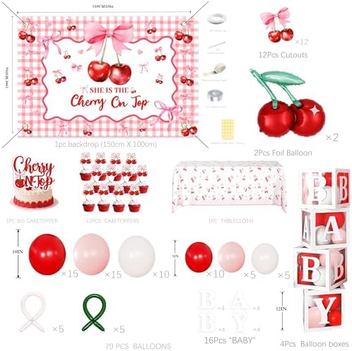 Cherry on Top Baby Shower Decorations for Girl - Red Pink Party Supplies Include Balloon Garland Arch, Backdrop, Tablecloth, 4 Boxes, Foil Balloons - She is the Cherry On Top Decor Gingham Check - Image 2