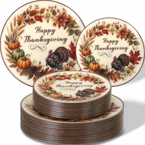 KIRE 60Pcs Thanksgiving Plates Plastic -Turkey and Pumpkin Fall Plastic Plates - Include 30Ps 10inch Dinner Plate and 30Pcs 7inch Dessert Plate for Thanksgiving/Friendsgiving Party by KIRE