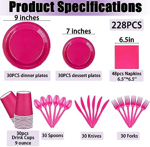 228PCS Hot Pink Party Supplies Set for 30 Guests Paper Plates Set - Image 2