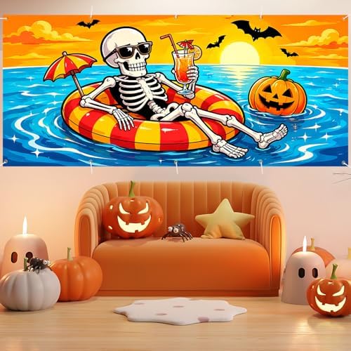 7 x 16 ft Beach Skeleton Halloween Garage Door Decorations Halloween decorations Witch Door Cover, Hanging Banner, Cauldron Backdrop Mural for Home, Outdoor - Image 5