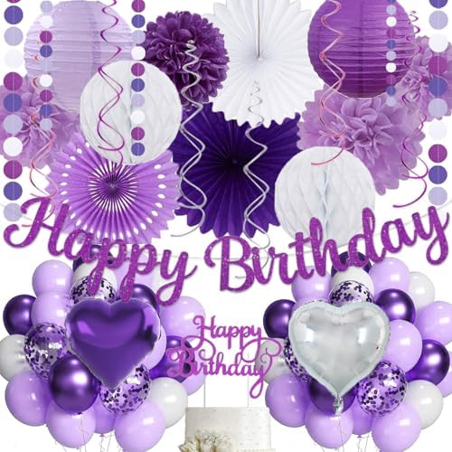 Purple Birthday Decorations for Women Girls,Happy Banner,Lilac Paper Lanterns Tissue Pom Poms Flower Fan,Purple White Balloon Décor For 40th 50th Anniversary Princess Backdrop Party Supplies by Vztipki