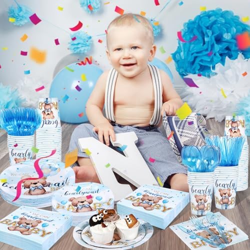 350pcs Bear Baby Shower Decorations for 50 Guests Party Supplies for Boy Include Paper Plate, Napkin, Cup and Disposable Plastic Tableware - Image 6