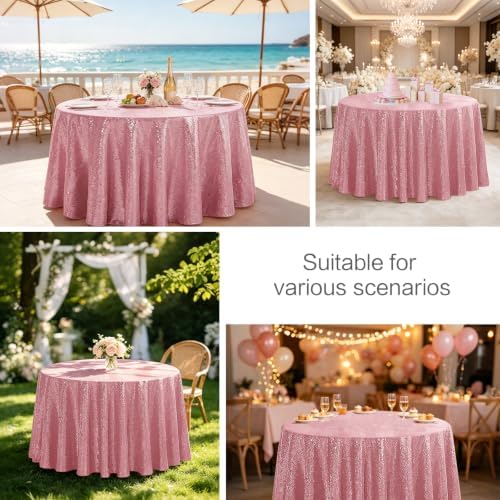 Pufogu 120" Round Light Pink Sequin Tablecloth Glitter White Table Cloths for Birthday Wedding Bridal Baby Shower Party Decorations - Image 2