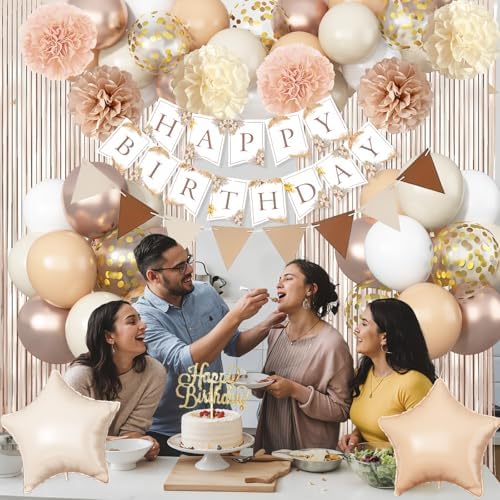 Beige Brown Birthday Decorations for Women, Gold Neutral Cream Sand White Party Balloon Kit with Boho Happy Birthday Banner Fringe Curtain Background Pom Pom Cake Topper for Boy Girl Men Bday Supplies - Image 3