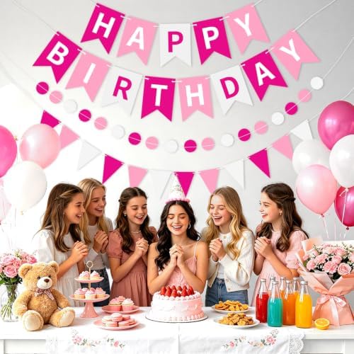 Pink White Happy Birthday Banner Hanging Sign Circle Dot Triangle Bunting - Image 5