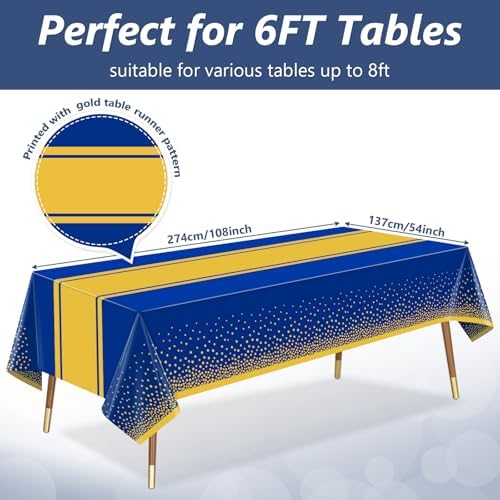 LANLISA Blue and Gold Tablecloth Graduation Decorations 2025 12 Pack, Disposable Plastic Table Cloths for Birthday Masquerade Retirement Party Decor - Image 3