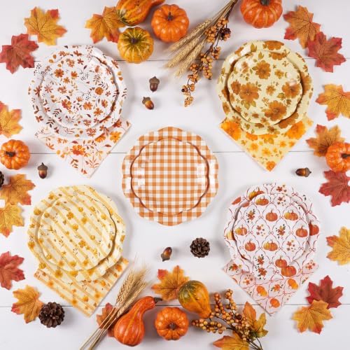 NatNarr 150 Pcs Fall Plates and Napkin, Orange White Fall Floral Dinnerware - Image 3