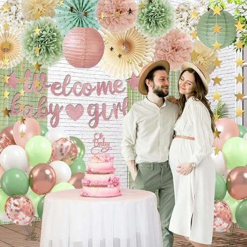 Dusty Pink Sage Green Baby Shower Decorations - Welcome Baby Girl Banner, Retro Pink Green Rosegold Balloons, 'Oh Baby' Cake Topper, Pom Poms Flowers Paper Fan For Birthday Jungle Woodland Party - Image 4