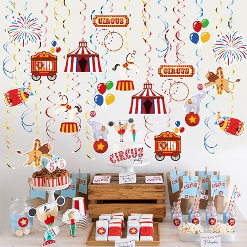 Carnival Hanging Swirl Set Party Decorations, 48 Pcs, Circus Joker Balloon Party Supplies Sign,Red Blue Yellow - Image 6