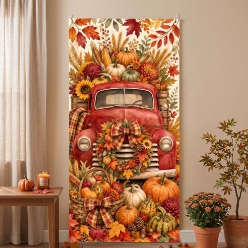 Fall Door Banner 35x71 Inch Autumn Harvest Door Backdrop Decor with Vintage Red Truck Pumpkins Sunflowers Maple Leaves Design for Front Porch Thanksgiving Farmhouse Hanging Home Decor - Image 5