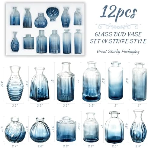 Bud Vases Set of 12, Gradient Blue Glass Vase Vintage Flower Vase for Decor Ribbed Small Bud Vases in Bulk Cute Wedding Birthday Party Centerpieces Table Decoration Home Decor - Image 2