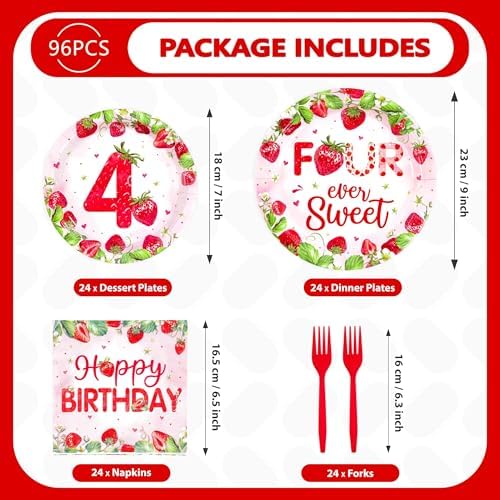 Grencian 96Pcs Strawberry 4th Birthday Party Decoration, Serve 24 - Image 5