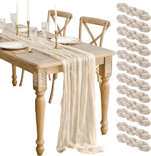 12 Pcs Beige Cheesecloth Table Runner 13ft Boho Gauze Cheesecloth Table Runner 160 inch Long for Christmas Wedding Bridal Baby Shower Birthday Table Decorations by WJWHQ