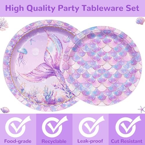 168PCS Mermaid Party Supplies Serves 24 Mermaid Themed Tableware Set Plates Cups Napkins Cutlery Straws Under The Sea Birthday Decorations for Girls - Image 2