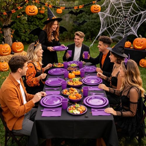200pcs Purple Plastic Plates Party Supplies, Disposable Purple Party Plates, 50 of Each 9" Dinner Plate, Napkins, Cups & Cutlery Dinnerware Party Decorations for Birthday, Wedding, Halloween - Image 6