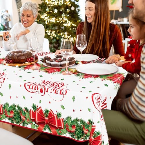 QZYL 2 Pack Christmas Tablecloths, 54" x 108" Xmas Plastic Table Cloth, Poinsettia Holly Bells Design Holiday Disposable Tablecover Rectangle Tablecloth, Christmas Decor Holiday Table Decorations - Image 7