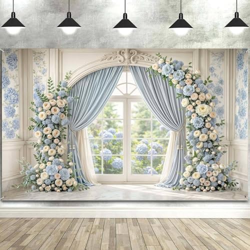 15X10ft Light Blue Floral Wedding Backdrop Luxury Palace Window Elegant Rose Arch Photography Background Blue Flower Birthday Baby Shower Bridal Party Portrait Photo Booth Props - Image 3