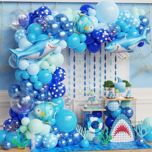 Under the Sea Party Decorations,156Pcs Blue Green Shark Balloon Garland Kit by Tesochye