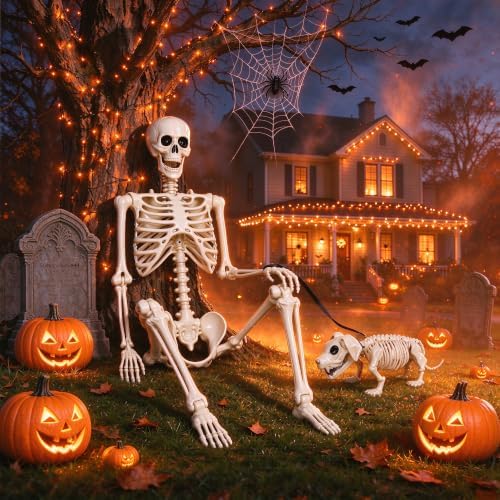 NEROSUN 5.4FT Halloween Skeletons Decoration, Posable Life Full Size Skeleton with Dog Skeleton, Realistic Plastic Human Bones for Halloween Props Haunted House Graveyard Party Decor - Image 2