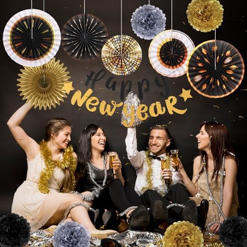 SUNBEAUTY New Years Eve Party Supplies 2026, Happy New Year Decorations Black Gold Hanging Paper Fans Tissue Pom Poms Happy New Year Banner for 2026 New Year Party Favor Supplies Decorations - Image 6