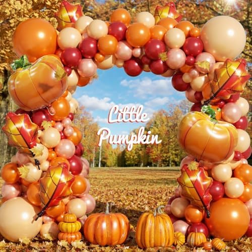 Fall Balloon Arch Garland Kit 172pcs with Leafs Pumpkins, Thanksgiving Balloons Arch Orange Nude Burgundy Rose Gold Balloons Different Sizes for Little Pumpkin Birthday Baby Shower Decoration - Image 7