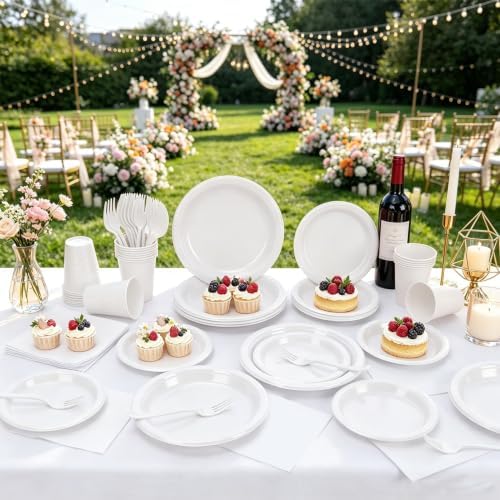 White Plastic Party Plates Set 30 Guest for Wedding Birthday Decorations - Image 5