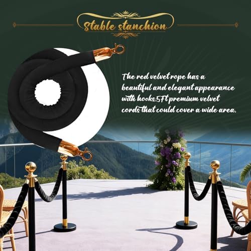 4 Pcs Black & Gold Stanchions with Velvet Ropes with 3 Pcs 5 Ft Black Velvet Ropes Carpet Ropes Posts Stanchion Set for Crowd Control Barriers for Weddings, Events, Hotels, and Party Decor - Image 4