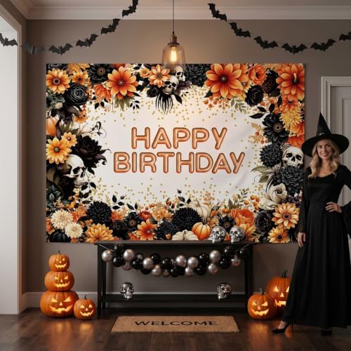 INRUI Halloween Gothic Skull Happy Birthday Backdrop 10x8FT - Image 2