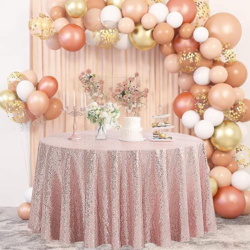 Pufogu 120" Round Rose Gold Sequin Tablecloth Glitter White Table Cloths for Birthday Wedding Bridal Baby Shower Party Decorations - Image 5