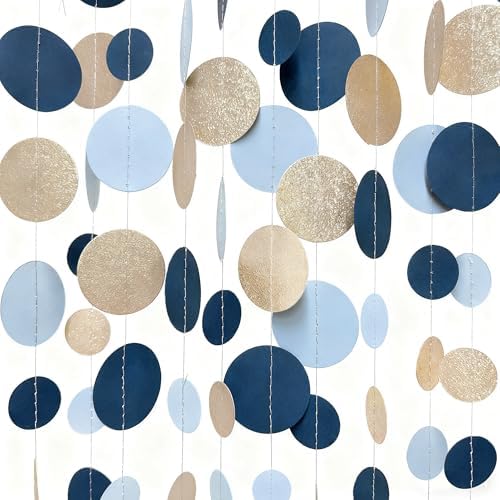 Navy Blue Champagne Gold Polka Dots Garland Hanging Paper Circle Dot Streamer for Birthday Wedding Shower Graduation Engagement Bridal Shower Bachelorette Retirement Party Decorations Supplies by pinkblume