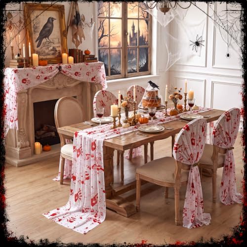 6 Pcs Halloween Table Runner Lace, Bloody Handprint Table Decor 30"x70" - Image 5