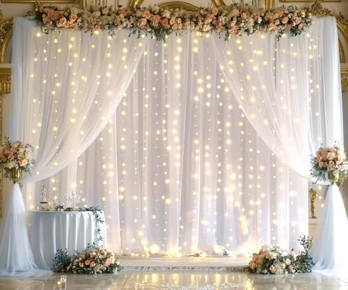 White Tulle Backdrop Curtain with Lights String for Parties Wedding Bridal Shower Sheer White Curtain Backdrop for Birthday Baby Shower Photo Booth Photography Background Decorations 20ft x 8ft - Image 2