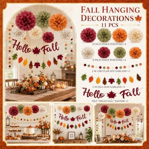 Fall Party Decorations Felt Hello Fall Leaves Garland Bnner for Home Office - Image 3