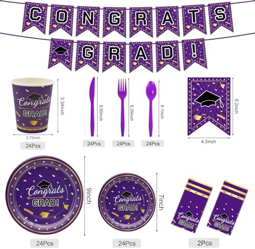Graduation Decorations 2026,147 PCS Purple and Gold Graduation Decorations,Graduation Party Decorations,Disposable Grad Graduation Tableware Banner Graduation Plates Cups Tablecloth for 24 Guests - Image 2