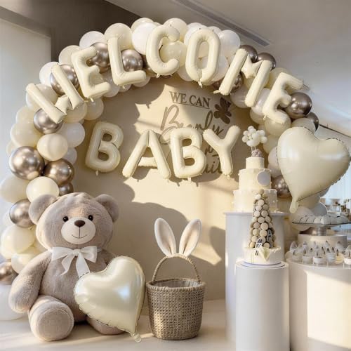 White and Gold Baby Shower Decorations, WELCOME BABY Letter Foil Balloons Banner Backdrop Set with Cream Beige Champagne Gold Latex & Heart Balloon for Newborn Babyboy Babygirl Infant Party Decoration - Image 6
