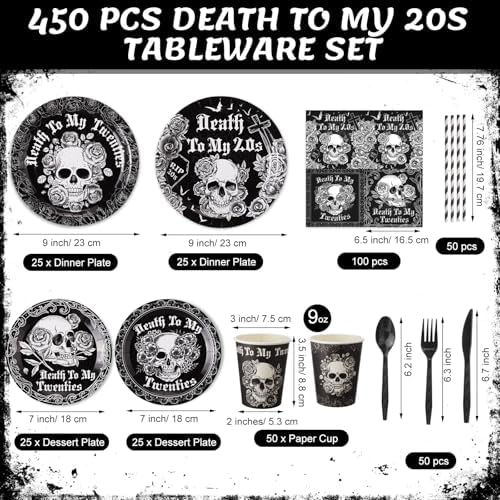 450 Pcs Death to My 20s Tableware Set, Serve 50, Black and White - Image 2
