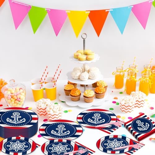 gisgfim 50 Guests Nautical Anchor Party Supplies Anchor Theme Plates and Napkins Plastic Forks Sailor Boat Ship Tableware Nautical Paper Plates for Baby Shower Birthday Party Boys Girls Kids 200PCS - Image 6