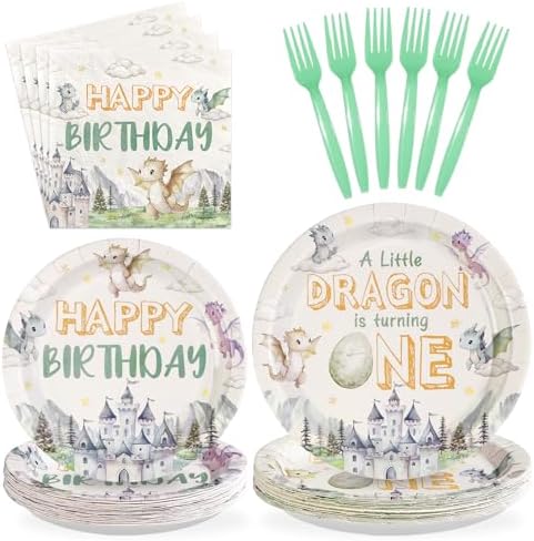 96 Pcs Watercolor Dragon 1st Birthday Party Decorations Serves 24 by Greencian