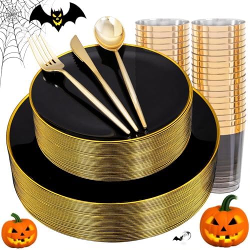 ejonirinjonir 180pcs Elegant Black Plastic Plates for Wedding, Gold Trim by Ejonirinjonir