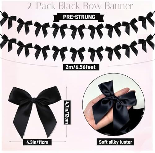 2pcs Bow Garland Banner, Ribbon Bow Party Decorations for Baby Shower Girls Bow Coquette Birthday Party Decor (Black) - Image 2