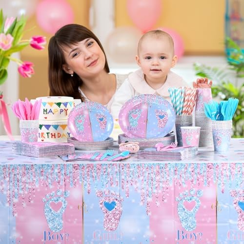 Funnymoom 452 Pcs Gender Reveal Party Decoration for 50 Guests, Boy or Girl Paper Plates and Napkins Cups Tablecloth Cutlery Disposable Tableware Set for Gender Reveal Party Supplies - Image 4