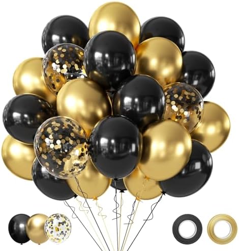 Black and Gold Balloons, 50Pcs 12 Inch Black Gold Confetti Balloons with Ribbons for Birthday,Graduation,New Years,Wedding,Engagement Party Decorations by AIOZX