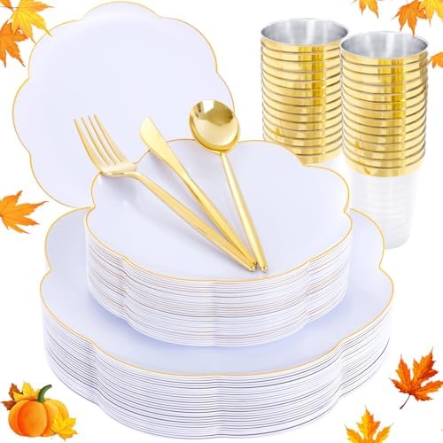 ejonirinjonir 180pcs Elegant White Plastic Plates with Gold Rim for Wedding by Ejonirinjonir