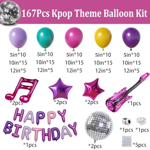 167PCS Purple Pink Teal K-Pop Music Themed Birthday Decorations with HAPPY BIRTHDAY &Musical Symbols & Disco Star & Guitar Foil Balloons for Kpop Music Girls Fans Birthday Party Grad Prom Decoration - Image 3