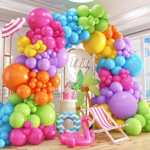 412pcs Summer Tropical Balloon Arch Garland Kit, Different Sizes 18 12 10 5inch Rainbow Hot Pink Green Orange Blue Purple Balloons for Hawaiian Luau Aloha Baby Shower Birthday Party Decorations by PAXILE