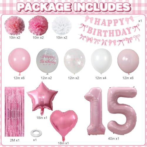 15th Birthday Decorations Girls Pink Number 15 Balloon Bow Coquette Party - Image 3