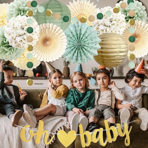 Sage Green Baby Shower Decorations Oh Baby Banner Tissue Paper Pom Poms Flowers Paper Fans Circle Dot Garland Neutral Party Supplies Boy Girl Gender Reveal Birthday Party Decorations - Image 4